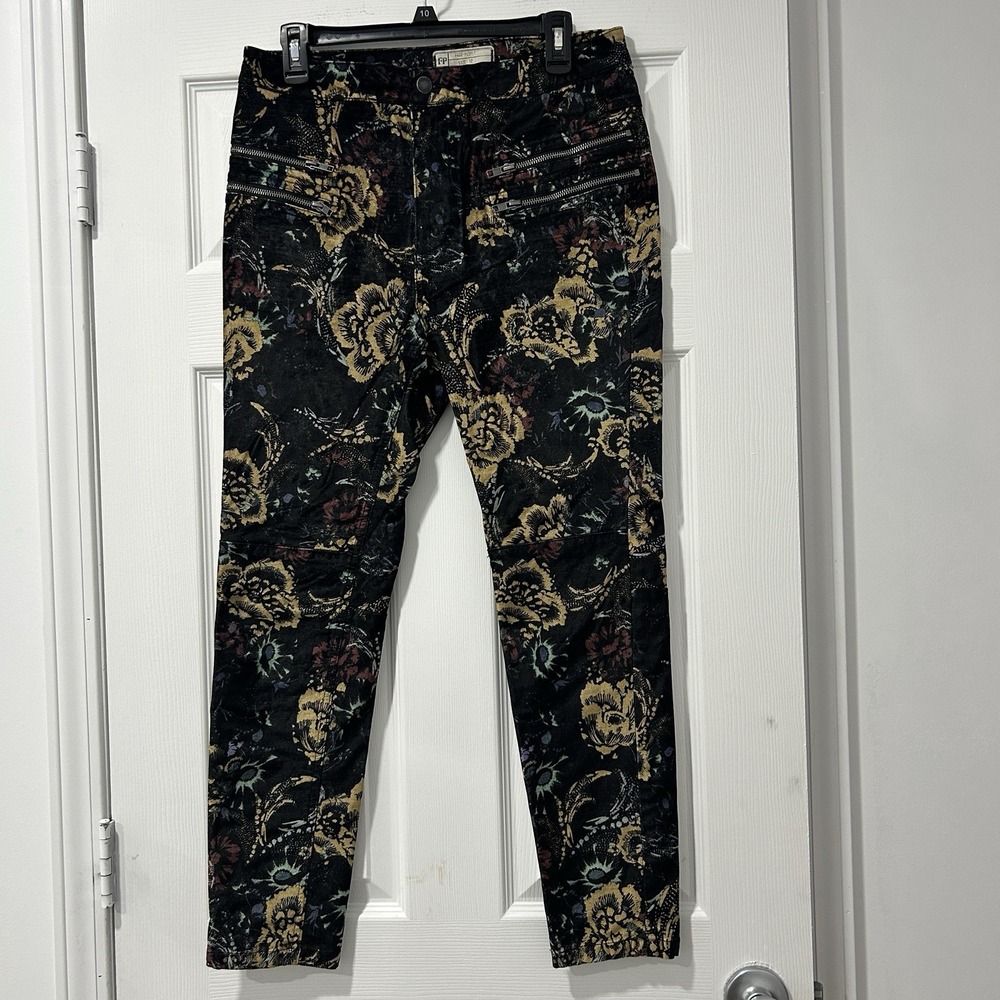 Free People Lennon Funktown Skinny Pants Boho‎ Rock Floral Moto Zipper Size 12